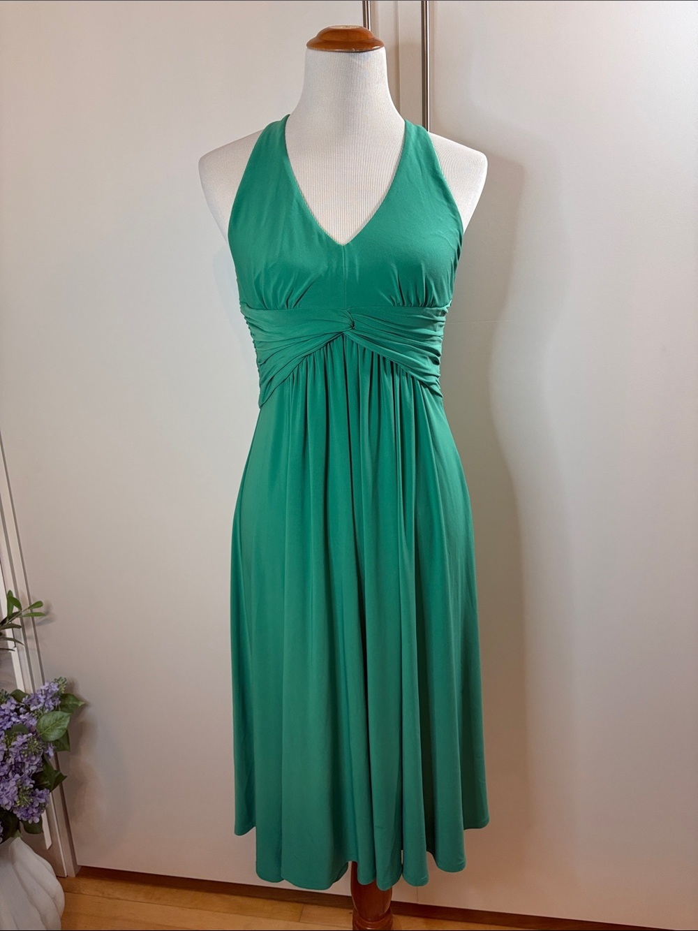 Evan Picone Kelly Green Halter V-Neck Midi Dress 4